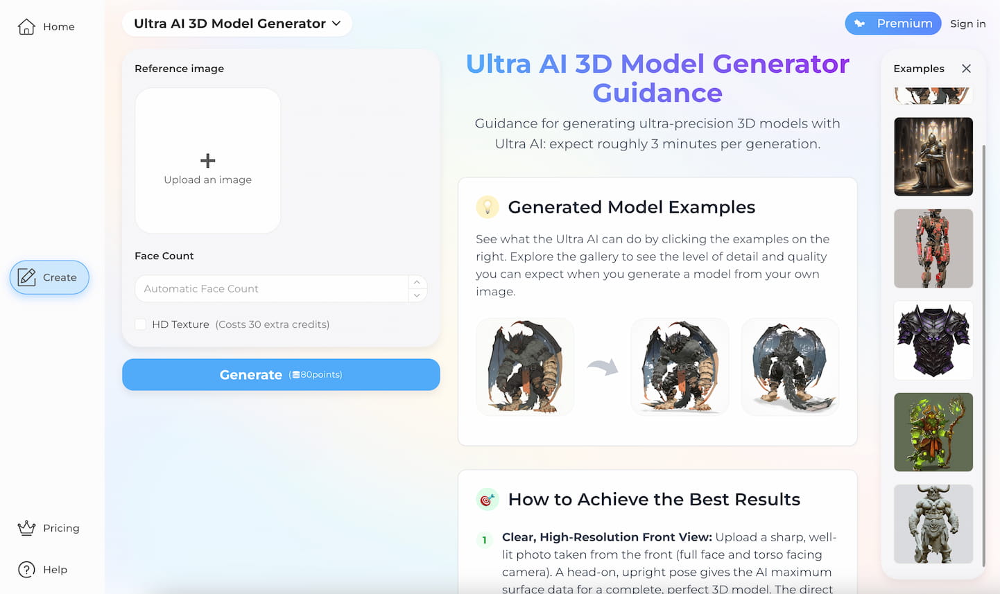Screenshot of the Ultra AI 3D Model Generator interface